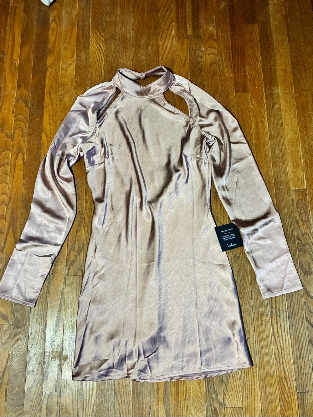 Lulu's Satin High Neck Long Sleeve Cutout Dress in Blush Pink Size Medium NWT